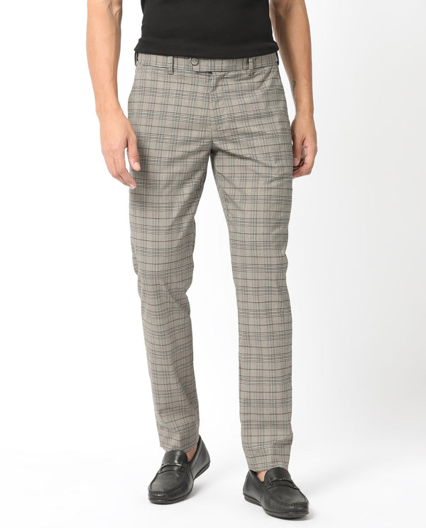 Rare Rabbit Men's Bandon Grey Mid-Rise Regular Fit Checks Trouser