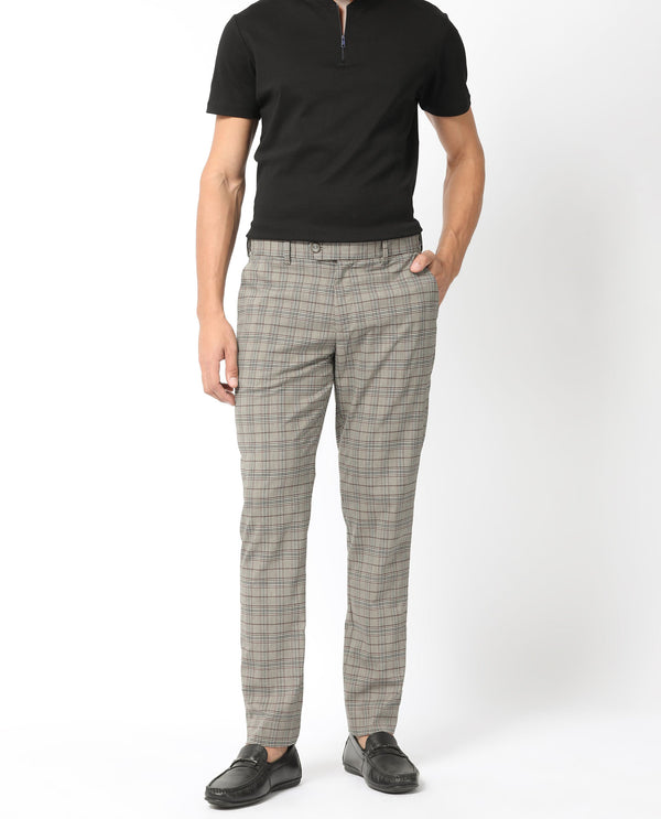 Rare Rabbit Men's Bandon Grey Mid-Rise Regular Fit Checks Trouser