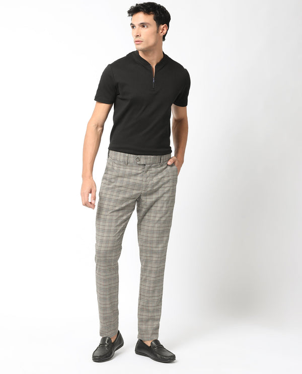 Rare Rabbit Men's Bandon Grey Mid-Rise Regular Fit Checks Trouser