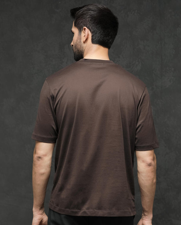 Rare Rabbit Men's Barcelon Dusky Brown Cotton Fabric Half Sleeves Oversized Fit Solid T-Shirt