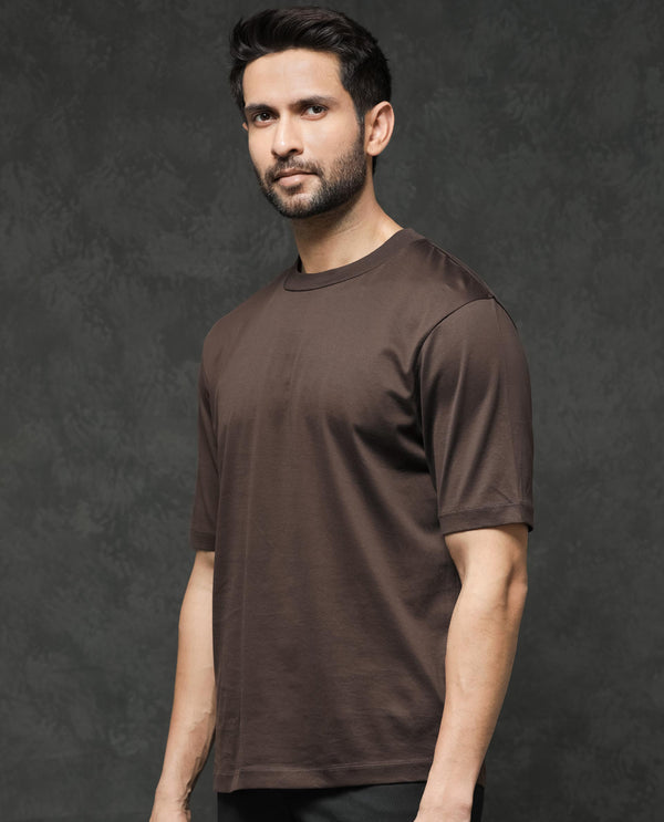 Rare Rabbit Men's Barcelon Dusky Brown Cotton Fabric Half Sleeves Oversized Fit Solid T-Shirt