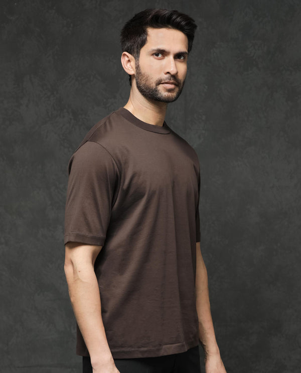 Rare Rabbit Men's Barcelon Dusky Brown Cotton Fabric Half Sleeves Oversized Fit Solid T-Shirt