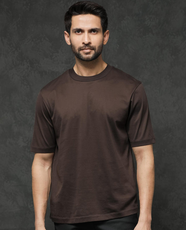 Rare Rabbit Men's Barcelon Dusky Brown Cotton Fabric Half Sleeves Oversized Fit Solid T-Shirt