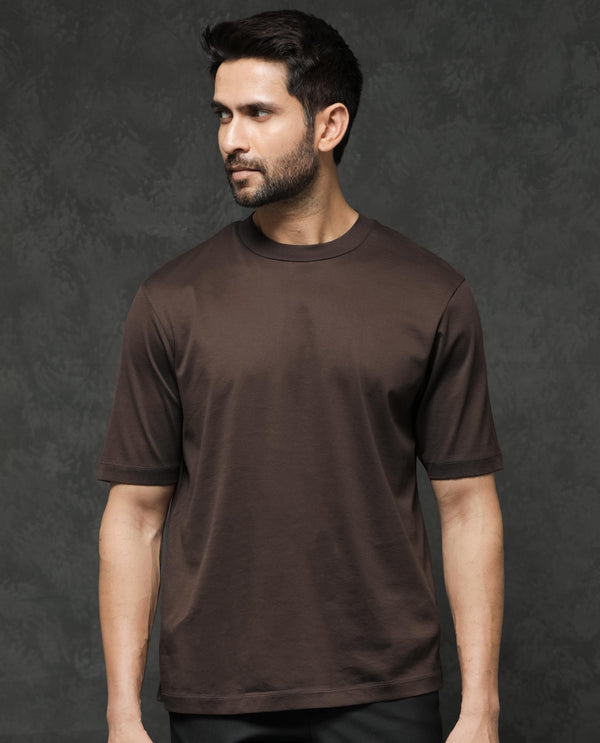 Rare Rabbit Men's Barcelon Dusky Brown Cotton Fabric Half Sleeves Oversized Fit Solid T-Shirt