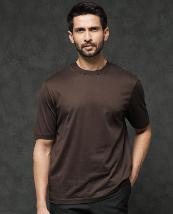 Rare Rabbit Men's Barcelon Dusky Brown Cotton Fabric Half Sleeves Oversized Fit Solid T-Shirt
