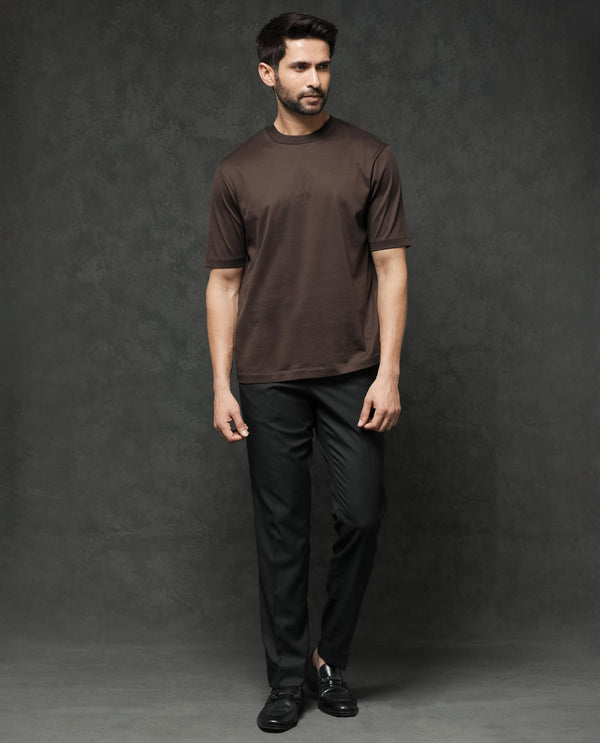 Rare Rabbit Men's Barcelon Dusky Brown Cotton Fabric Half Sleeves Oversized Fit Solid T-Shirt