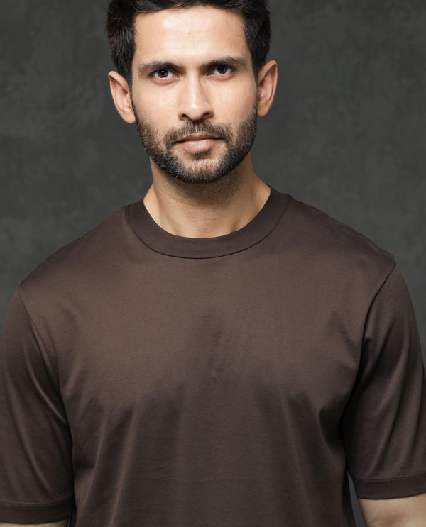 Rare Rabbit Men's Barcelon Dusky Brown Cotton Fabric Half Sleeves Oversized Fit Solid T-Shirt
