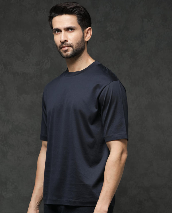 Rare Rabbit Mens Barcelon Navy Cotton Fabric Short Sleeves Oversized Fit Solid T-Shirt