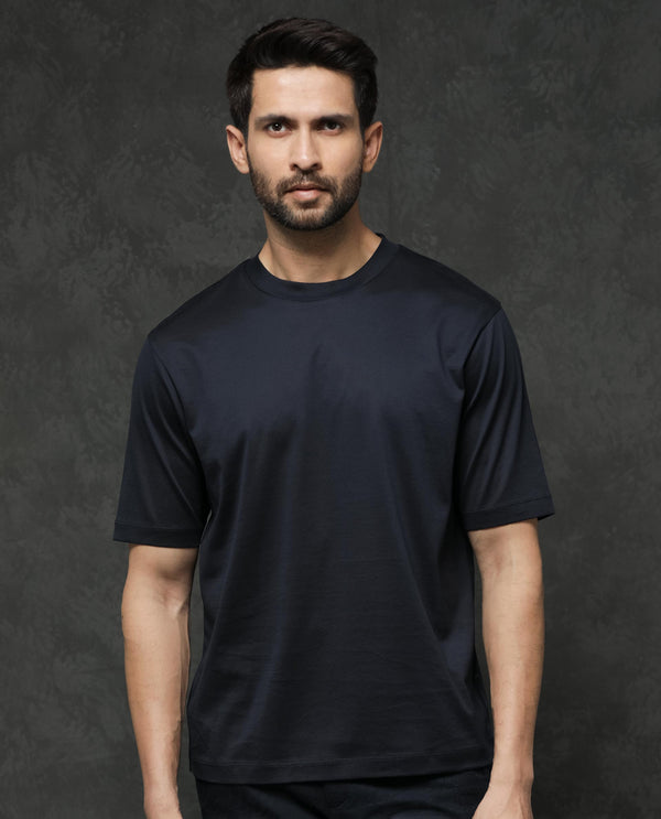 Rare Rabbit Mens Barcelon Navy Cotton Fabric Short Sleeves Oversized Fit Solid T-Shirt