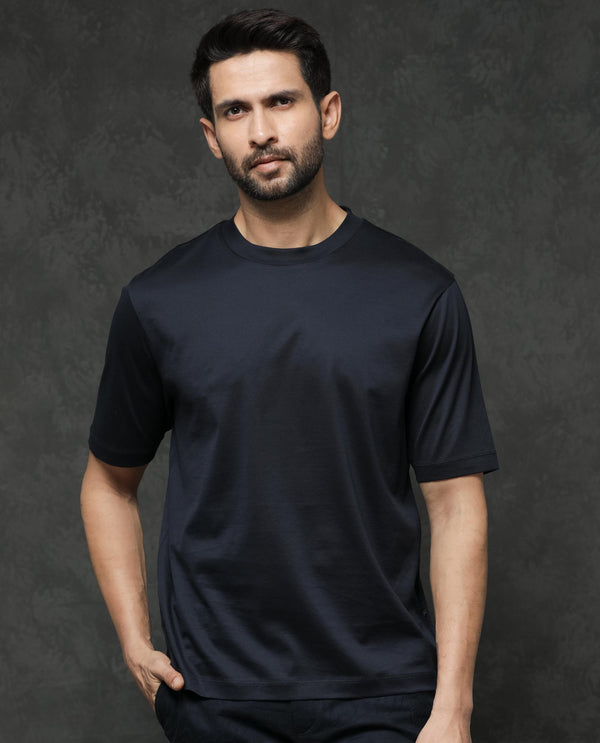 Rare Rabbit Mens Barcelon Navy Cotton Fabric Short Sleeves Oversized Fit Solid T-Shirt
