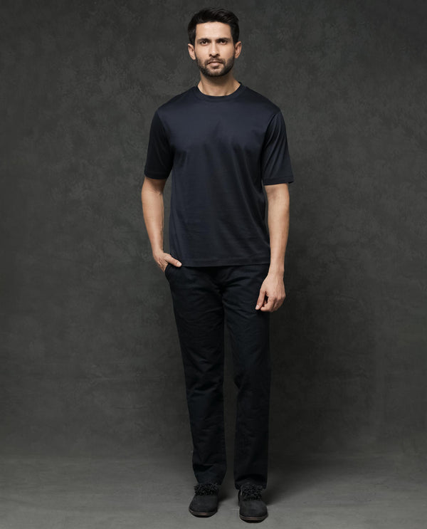 Rare Rabbit Mens Barcelon Navy Cotton Fabric Short Sleeves Oversized Fit Solid T-Shirt