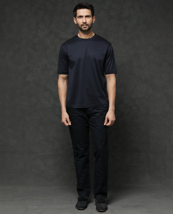 Rare Rabbit Mens Barcelon Navy Cotton Fabric Short Sleeves Oversized Fit Solid T-Shirt