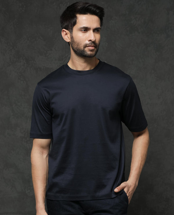 Rare Rabbit Mens Barcelon Navy Cotton Fabric Short Sleeves Oversized Fit Solid T-Shirt