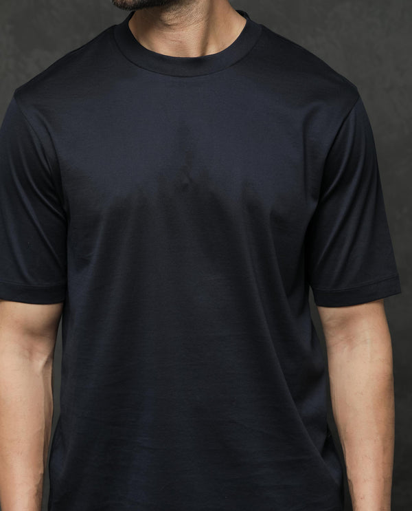 Rare Rabbit Mens Barcelon Navy Cotton Fabric Short Sleeves Oversized Fit Solid T-Shirt