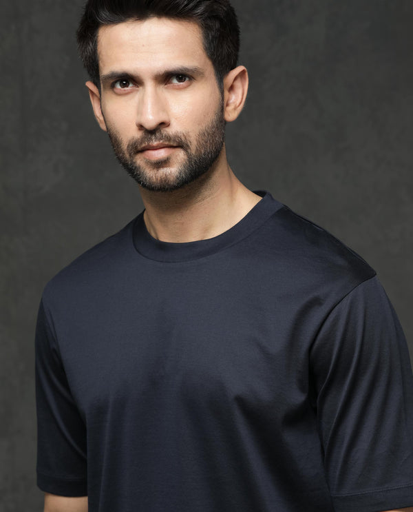 Rare Rabbit Mens Barcelon Navy Cotton Fabric Short Sleeves Oversized Fit Solid T-Shirt