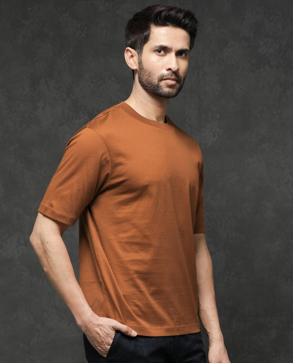 Rare Rabbit Mens Barcelon Rust Cotton Fabric Short Sleeves Oversized Fit Solid T-Shirt