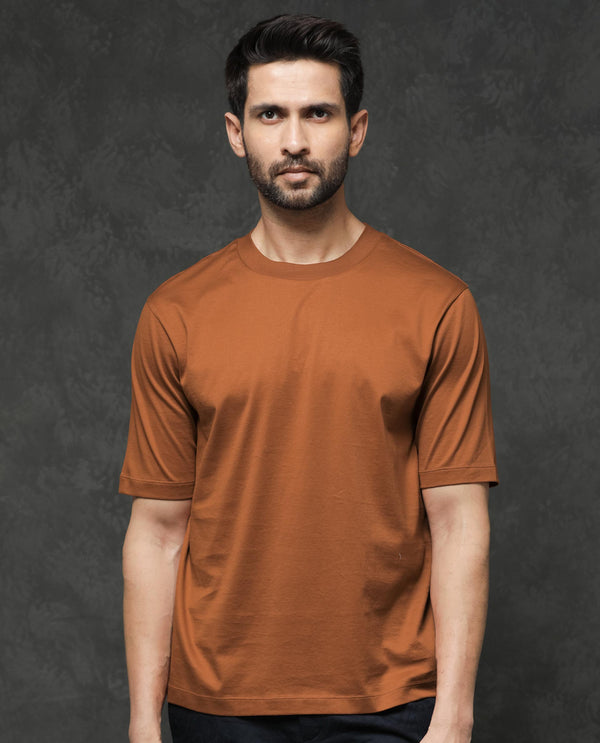 Rare Rabbit Mens Barcelon Rust Cotton Fabric Short Sleeves Oversized Fit Solid T-Shirt