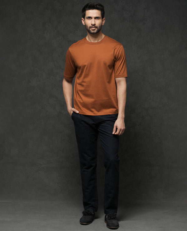 Rare Rabbit Mens Barcelon Rust Cotton Fabric Short Sleeves Oversized Fit Solid T-Shirt