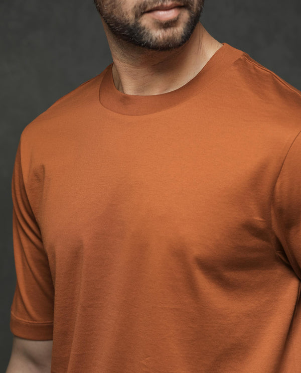 Rare Rabbit Mens Barcelon Rust Cotton Fabric Short Sleeves Oversized Fit Solid T-Shirt