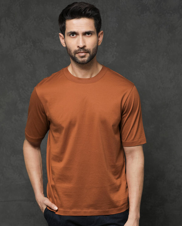 Rare Rabbit Mens Barcelon Rust Cotton Fabric Short Sleeves Oversized Fit Solid T-Shirt