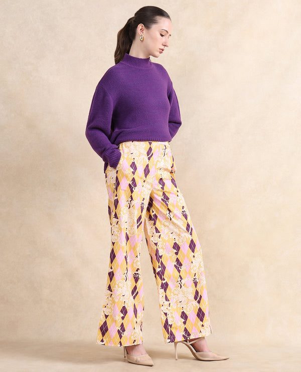 Rareism Women Bari Light Multi Cotton Fabric Zipper Closure Wide Fit Ankle Length Geometric Print Trouser