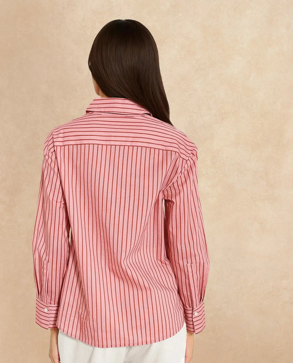 Rareism Women Barletta Pastel Pink Cuffed Sleeve Collared Neck  Narrow Stripes Shirt