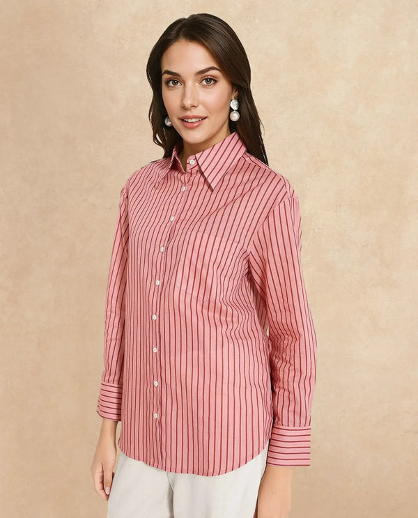 Rareism Women Barletta Pastel Pink Cuffed Sleeve Collared Neck  Narrow Stripes Shirt