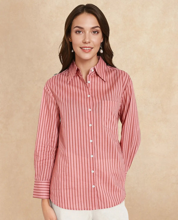 Rareism Women Barletta Pastel Pink Cuffed Sleeve Collared Neck  Narrow Stripes Shirt