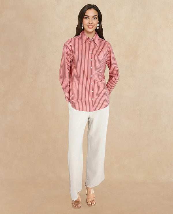 Rareism Women Barletta Pastel Pink Cuffed Sleeve Collared Neck  Narrow Stripes Shirt