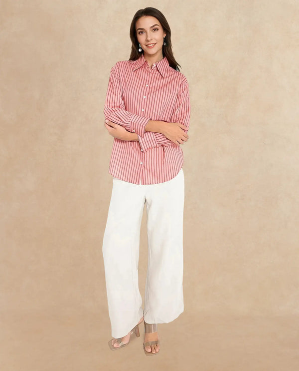 Rareism Women Barletta Pastel Pink Cuffed Sleeve Collared Neck  Narrow Stripes Shirt