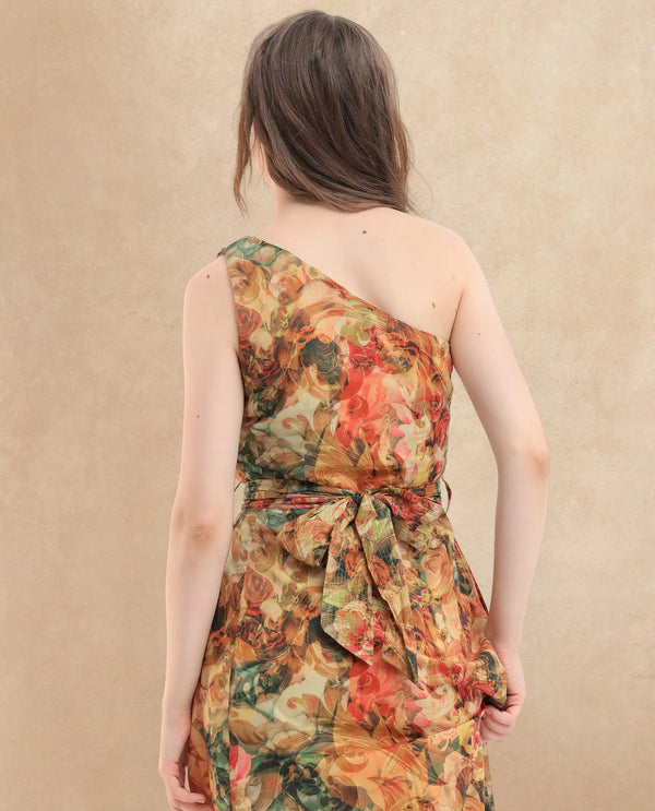 Rareism Women Barney Multi Cotton Fabric Sleeveless Tie-Up Closure One Shoulder One Shoulder Regular Fit Abstract Print Midi Dress