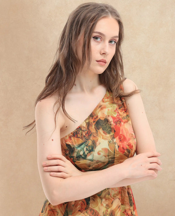 Rareism Women Barney Multi Cotton Fabric Sleeveless Tie-Up Closure One Shoulder One Shoulder Regular Fit Abstract Print Midi Dress