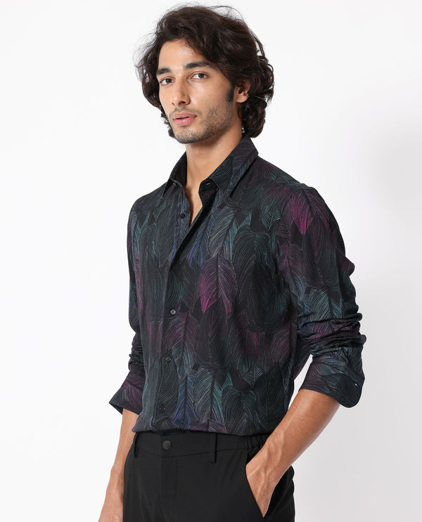 Rare Rabbit Men's Bartlets Black Viscose Fabric Tropical Print Full Sleeves Shirt