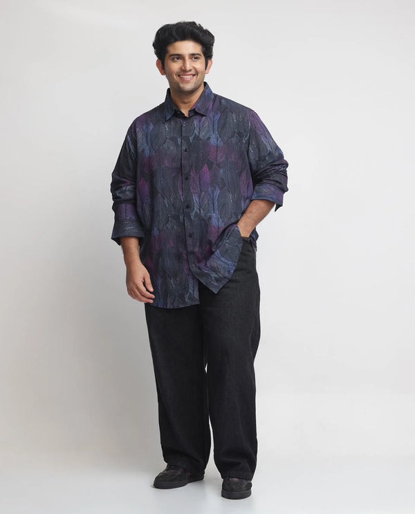 Rare Rabbit Men's Bartlets Black Viscose Fabric Tropical Print Full Sleeves Shirt Plus Size