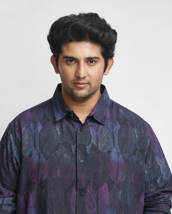 Rare Rabbit Men's Bartlets Black Viscose Fabric Tropical Print Full Sleeves Shirt Plus Size