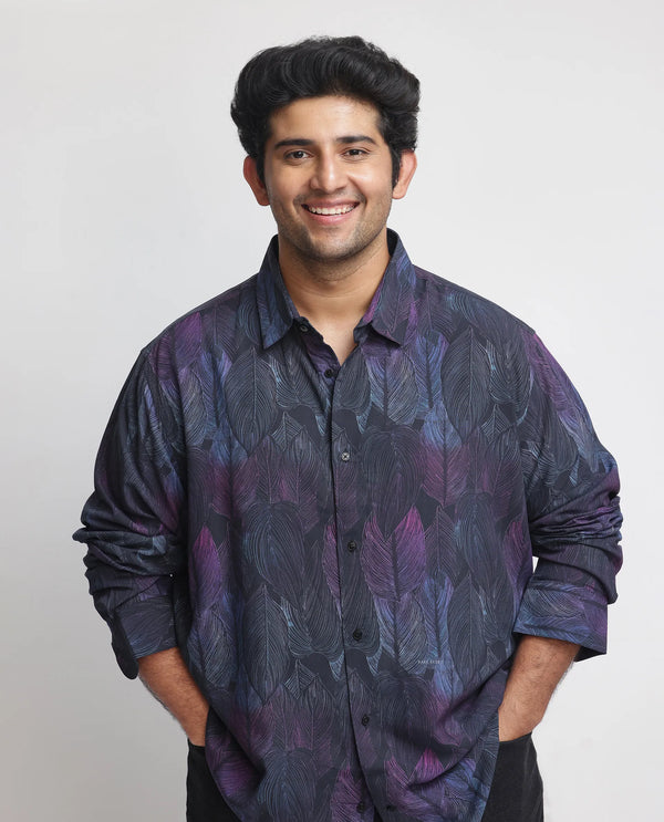 Rare Rabbit Men's Bartlets Black Viscose Fabric Tropical Print Full Sleeves Shirt Plus Size