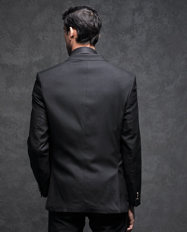 Rare Rabbit Men's Barton Black Polyester Viscose Fabric Notch Lapel Single Breasted Tailored Fit Solid Blazer