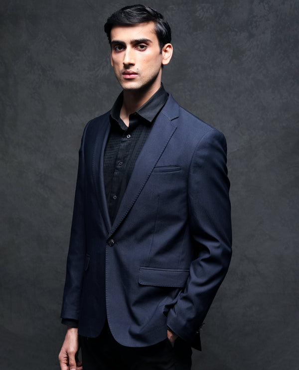 Rare Rabbit Men's Barton Navy Polyester Viscose Fabric Notch Lapel Single Breasted Tailored Fit Solid Blazer