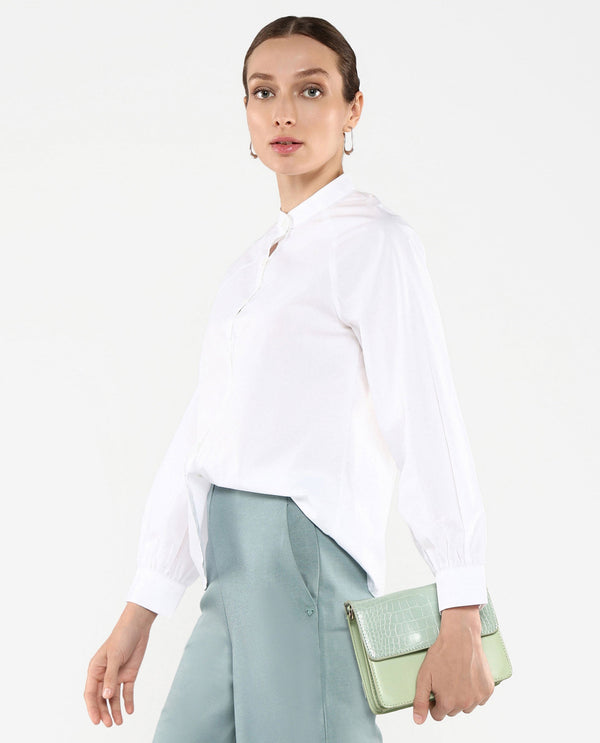 Rareism Women's Bartpo White Full Sleeve Ruffled Neck Plain Top