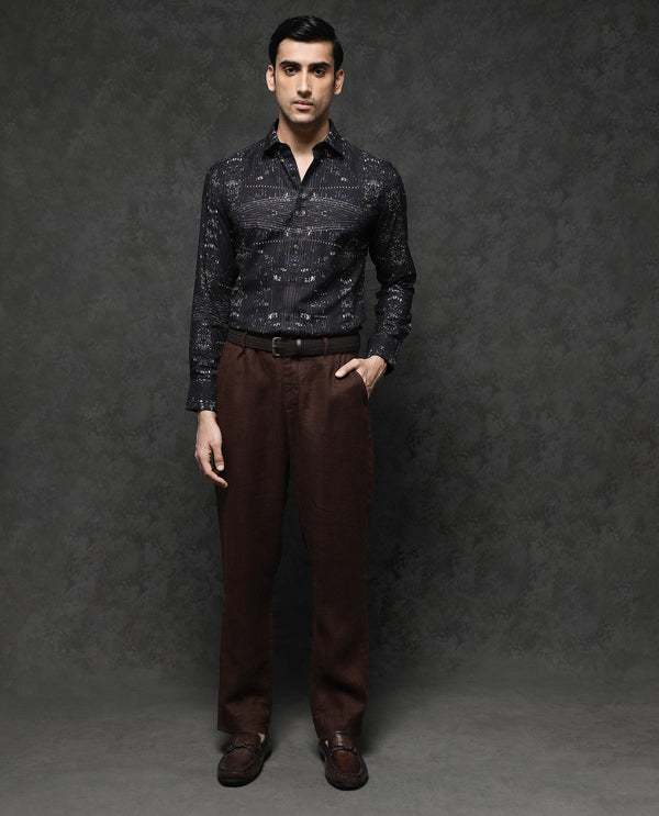 Rare Rabbit Men's Basco Black Viscose Fabric Full Sleeve Regular Fit Abstract Print Shirt