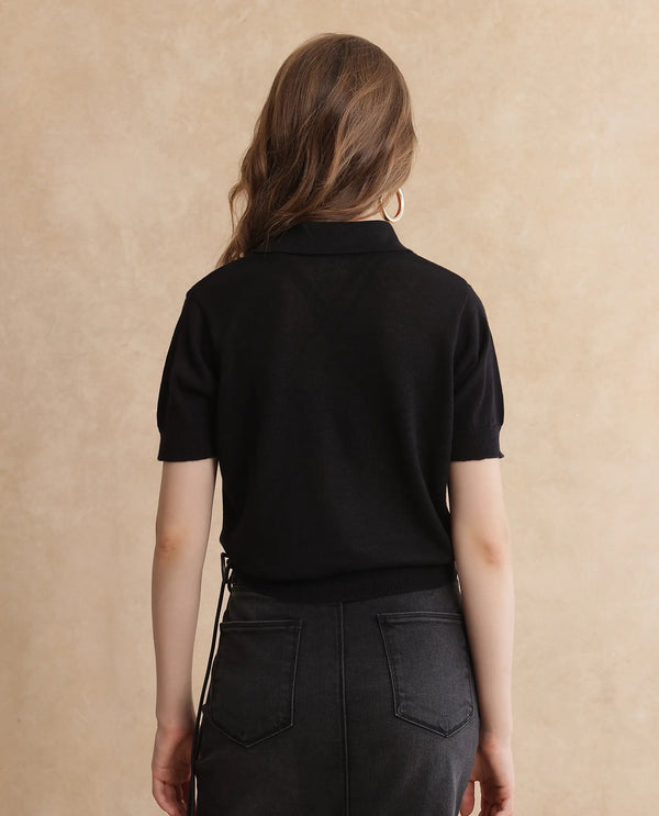 Rareism Women Basel Black Cotton Linen Fabric Short Sleeve Polo Collar Plain Polo