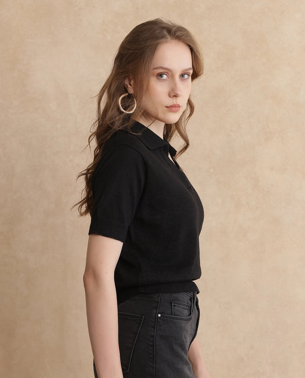 Rareism Women Basel Black Cotton Linen Fabric Short Sleeve Polo Collar Plain Polo
