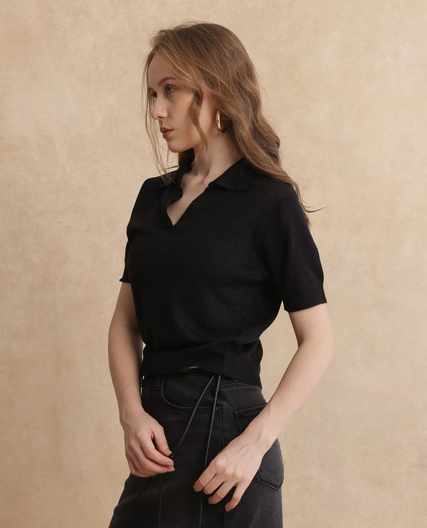 Rareism Women Basel Black Cotton Linen Fabric Short Sleeve Polo Collar Plain Polo
