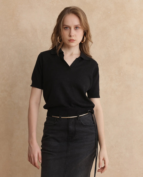 Rareism Women Basel Black Cotton Linen Fabric Short Sleeve Polo Collar Plain Polo
