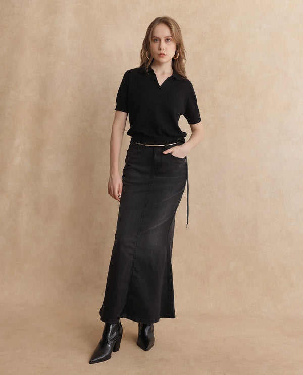 Rareism Women Basel Black Cotton Linen Fabric Short Sleeve Polo Collar Plain Polo