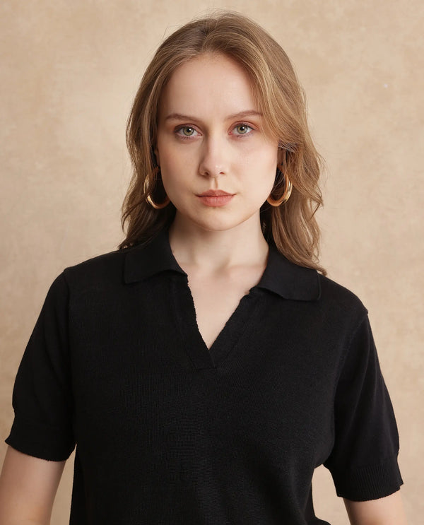 Rareism Women Basel Black Cotton Linen Fabric Short Sleeve Polo Collar Plain Polo