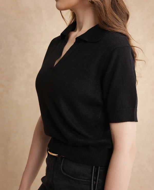 Rareism Women Basel Black Cotton Linen Fabric Short Sleeve Polo Collar Plain Polo
