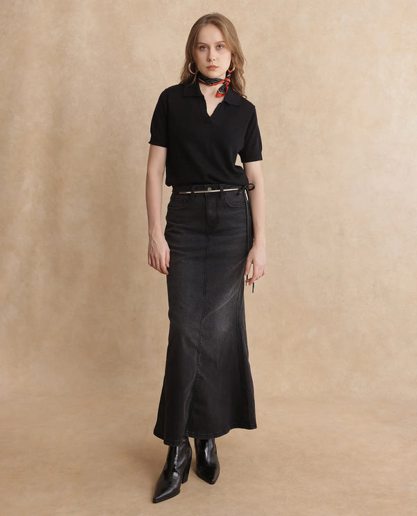 Rareism Women Basel Black Cotton Linen Fabric Short Sleeve Polo Collar Plain Polo