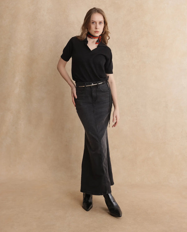 Rareism Women Basel Black Cotton Linen Fabric Short Sleeve Polo Collar Plain Polo