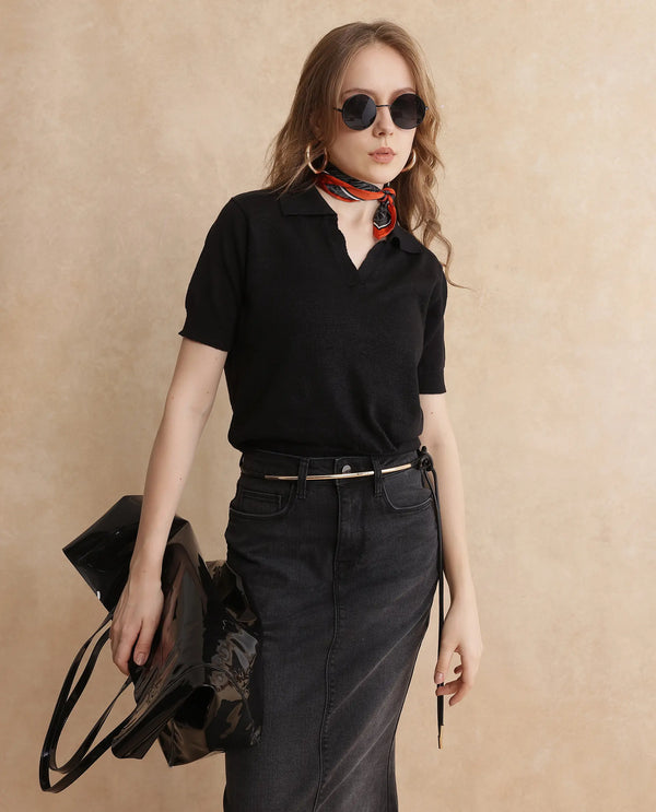 Rareism Women Basel Black Cotton Linen Fabric Short Sleeve Polo Collar Plain Polo